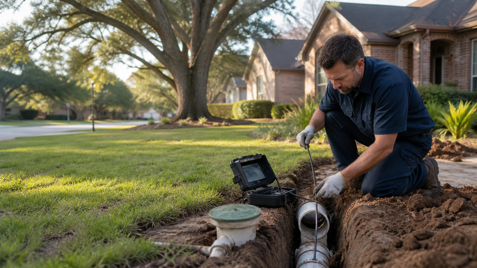 Plumbing technician inspecting a residential sewer line with camera equipment in Greater Houston